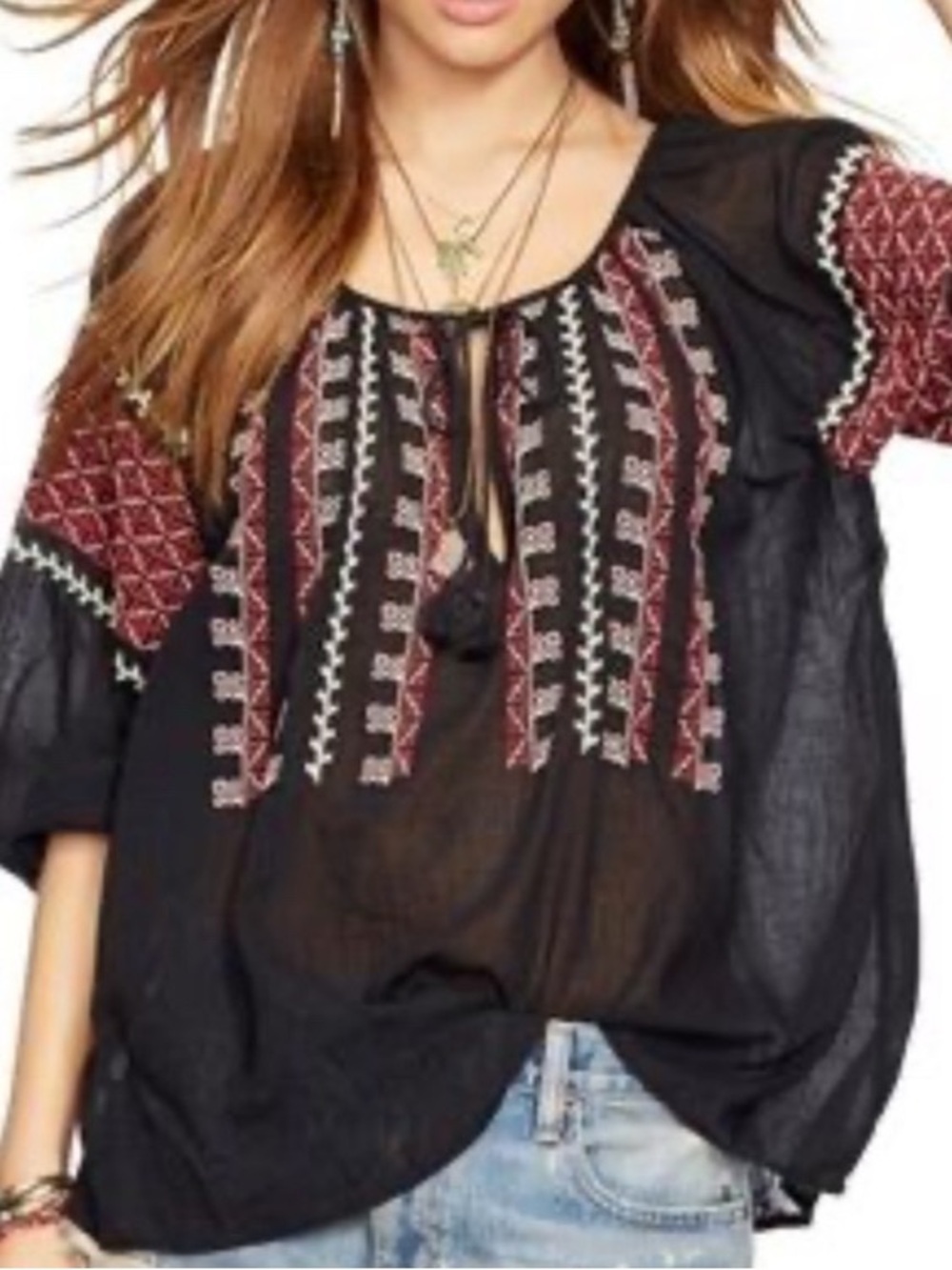 Ralph Lauren Black Tunic Embroidery peasant blouse bohemian festival ethnic XL